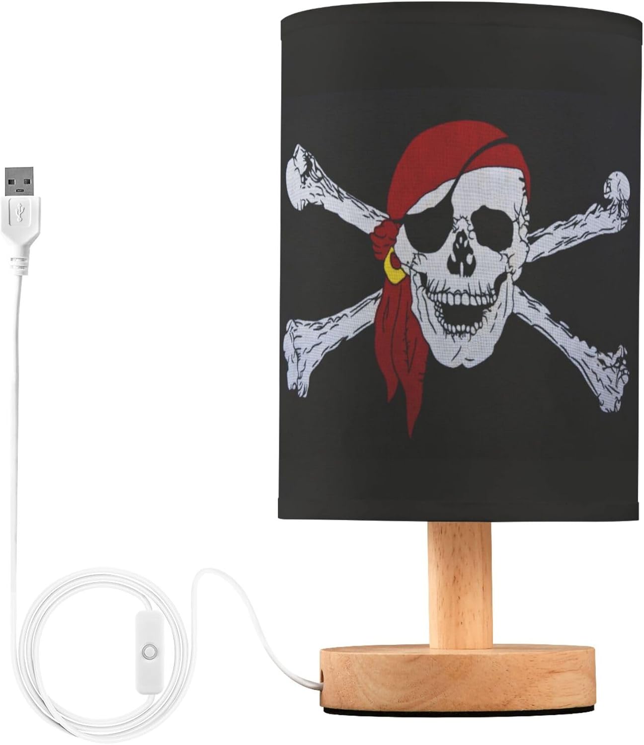 Table Lamp Pirate Skull Crossbones on Black Nightstand Lamp with Wood Base Fabric Lamp Shade Bedside Desk Lamp for Living Room Bedroom Kids Room Office