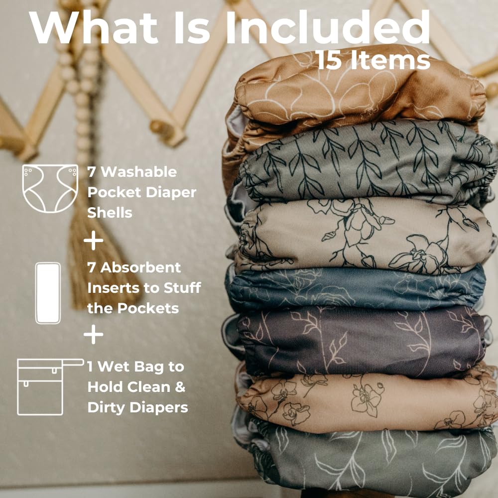 Nora's Nursery Cloth Diapers 7 Pack with 7 Inserts & 1 Wet Bag - Waterproof Cover, Washable, Reusable & One Size Adjustable Pocket Diapers for Newborns and Toddlers - Modern Blooms