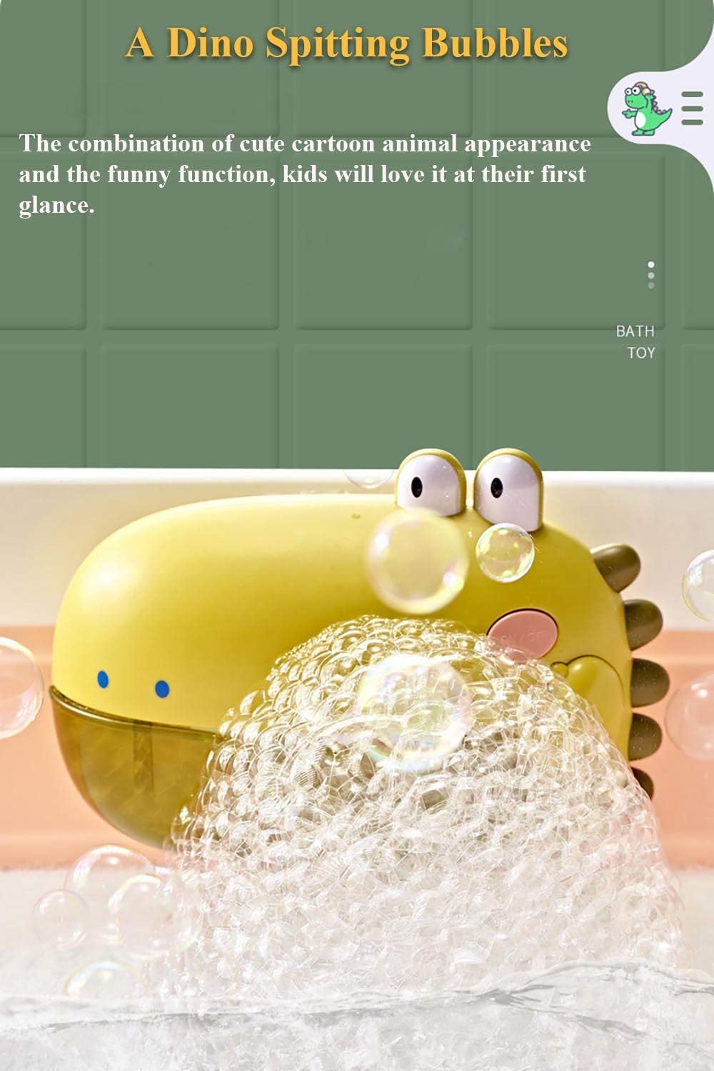 Electric Bathtub Bubble Machine, Kids Cute Cartoon Animal Dinosaur Bubble Blower Machine Alligator Bubble Maker Bath Toy with Music and Vacuum Suction Cups (Green)