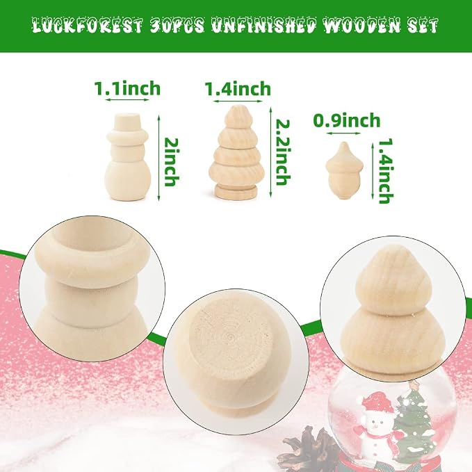 30Pcs Unfinished Wooden Set, Snowman Dolls Craft Christmas Tree Acorns Blank