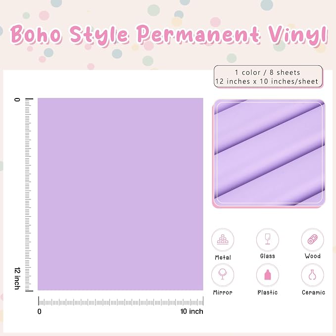 Tintnut Boho Permanent Vinyl 8 Pcs 12x10in Pale Lilac Purple Adhesive Vinyl |