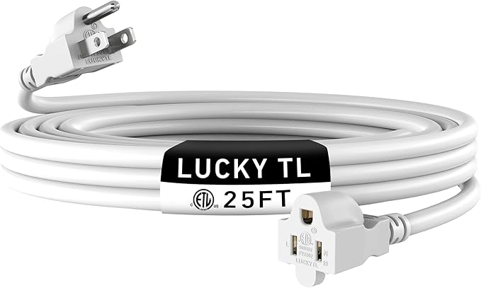 LUCKY TL Indoor Outdoor Extension Cord, 16/3 Gauge White Long Extension Cord 25ft, Waterproof Flexible Case, Made of Pure Copper, 13A 1625W 16AWG SJTW, 3 Prong Heavy Duty Wire, ETL