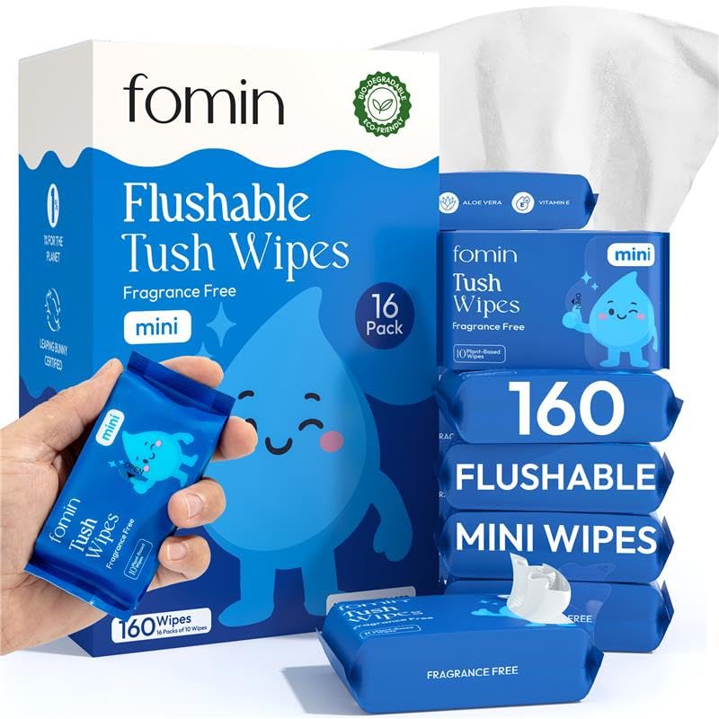 Fomin Mini Flushable Tush Wipes 16 Pack (10 Count) - Fragrance Free Travel Wet Wipes for Women - pH Balanced, Biodegradable Cleansing Wipes - Hypoallergenic, Plant-Based Tush wipes for Adults and Kids