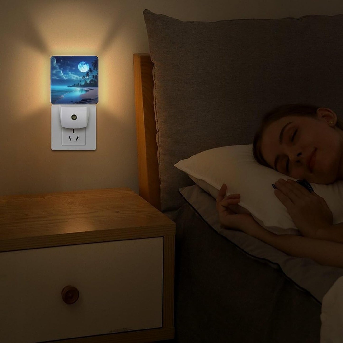Moon Beach Night Light, Plug into Wall Decor Nightlights for Bedroom, Bathroom, Hallway, Kitchen, with Dusk to Dawn Light Auto Sensors LED Night Lights for Boys Girls Women Men Room Gifts