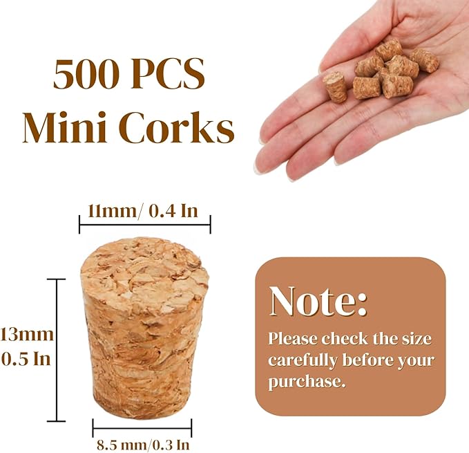 Eorbow 500 Packs Small Cork Stoppers, Mini Tapered Bottle Plugs, Reusable Glass