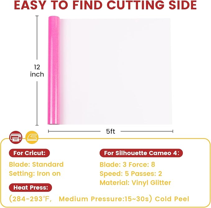 DUEUIOE Hot Pink Glitter Heat Transfer Vinyl 12" x 5FT
