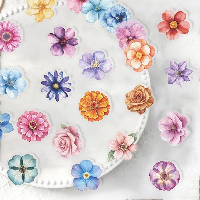 50PCS Transparent Watercolor Flower Stickers, Waterproof PET Floral Decals