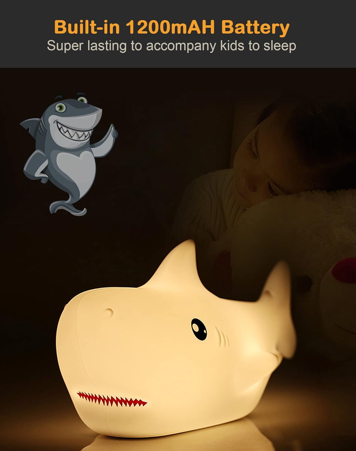 Shark USB Rechargeable Silicone LED Night Light for Kids, Multicolor Cute Nursery Light with Warm White and 7-Color Breathing Mode for Kids Baby Children Bedrooms