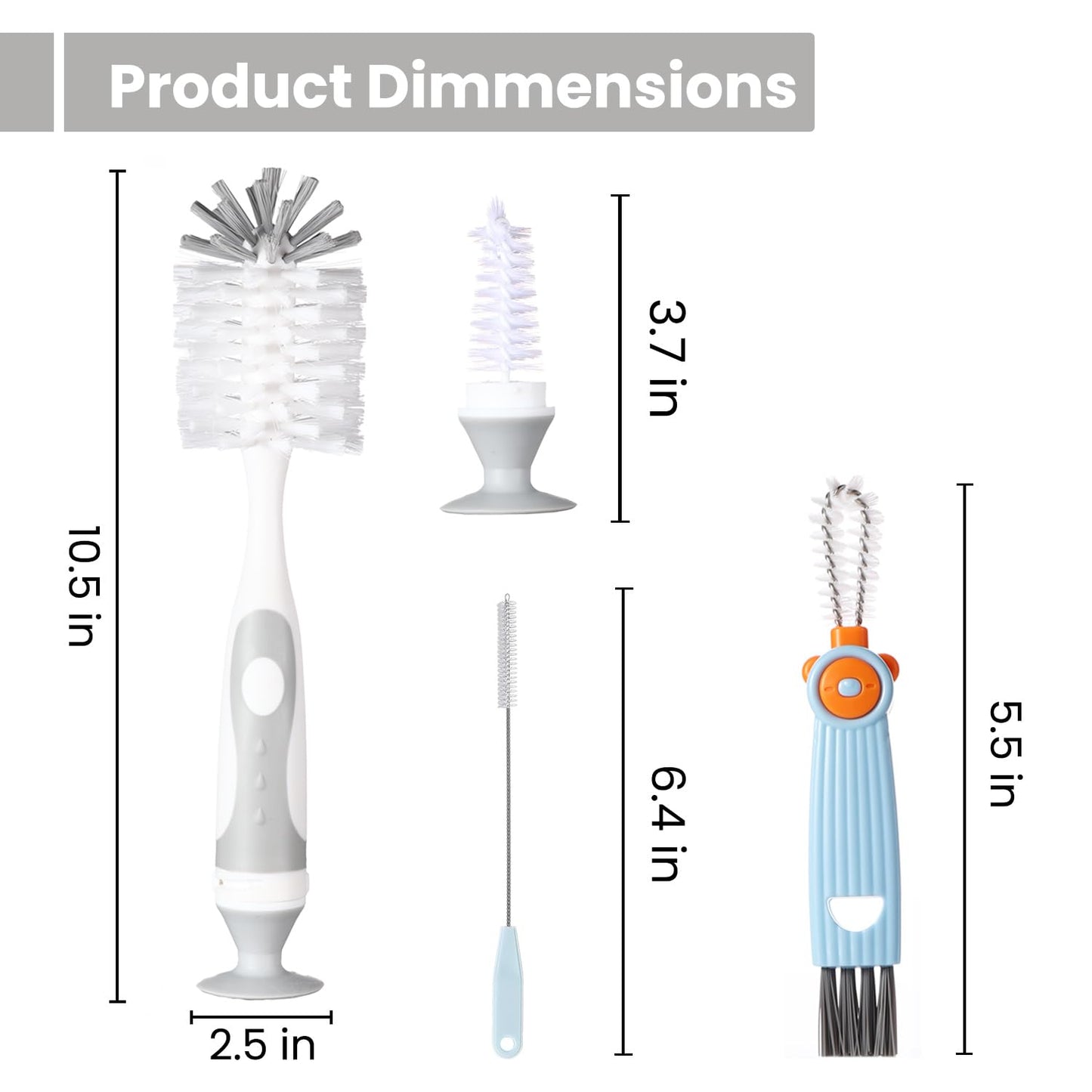 4-in-1 Baby Bottle Brush Set - Including Brushes for Bottles, Straws, Caps, & Nipples - BPA-Free (Grey)