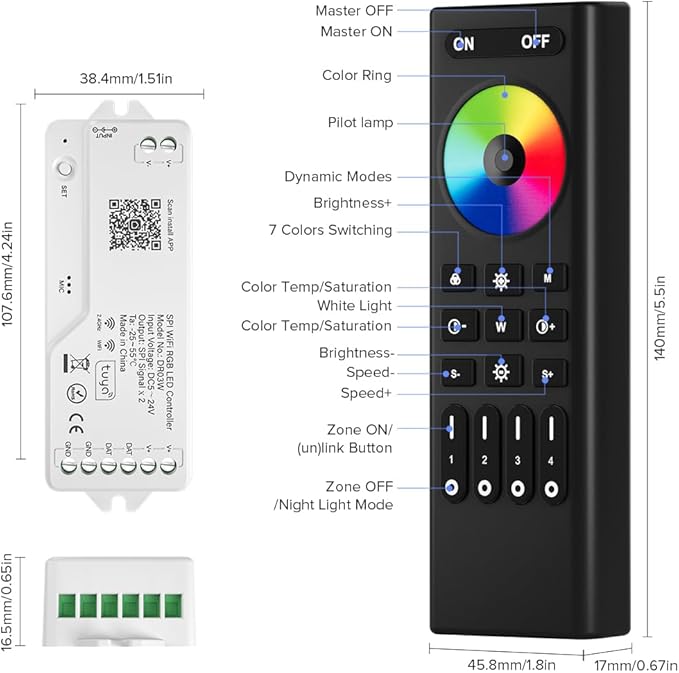 BTF-LIGHTING 2.4G WiFi DR03W RGB SPI Controller RC03RF RF Remote Tuya APP/Smart Life/Google Home/Alexa Control Support WS2812B WS2811 WS2813 WS2815 etc LED Strip STA Mode