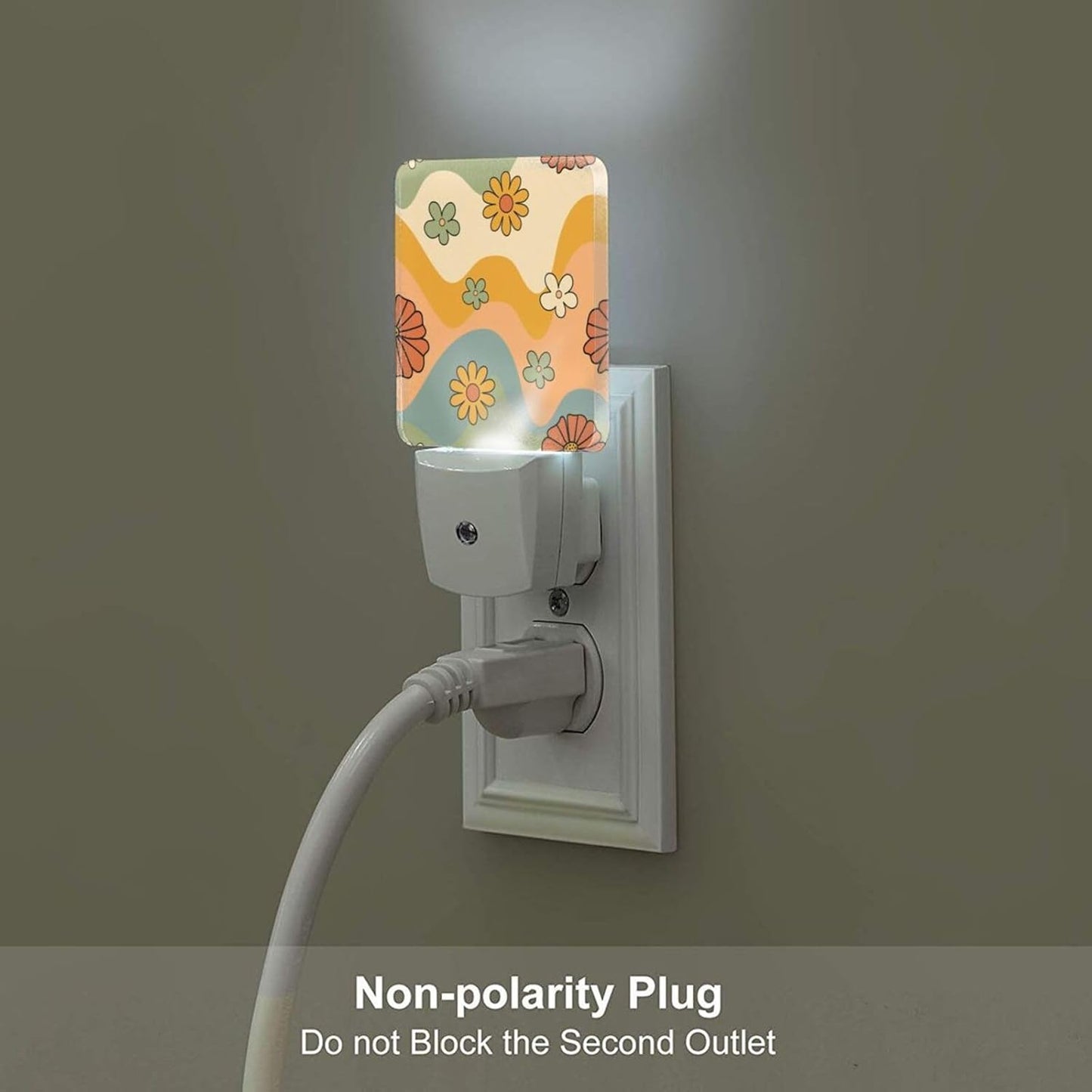 Waves and Floral Night Light,Plug Into Wall for Boys Girls Bedroom Decorative Square Night Light Lamp 0.5w Sleep Friendly