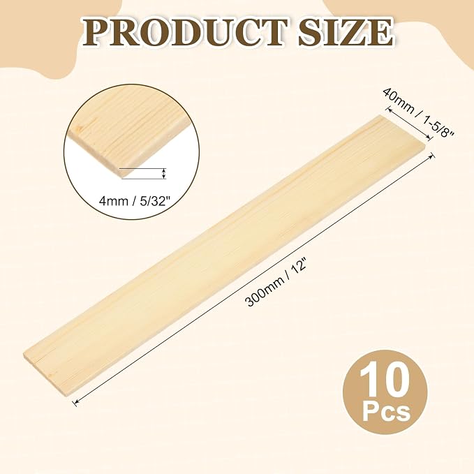 MECCANIXITY 10Pcs Wood Strips Slats, 5/32" x 1‑5/8" x 12" Thin Wood Sticks Flat