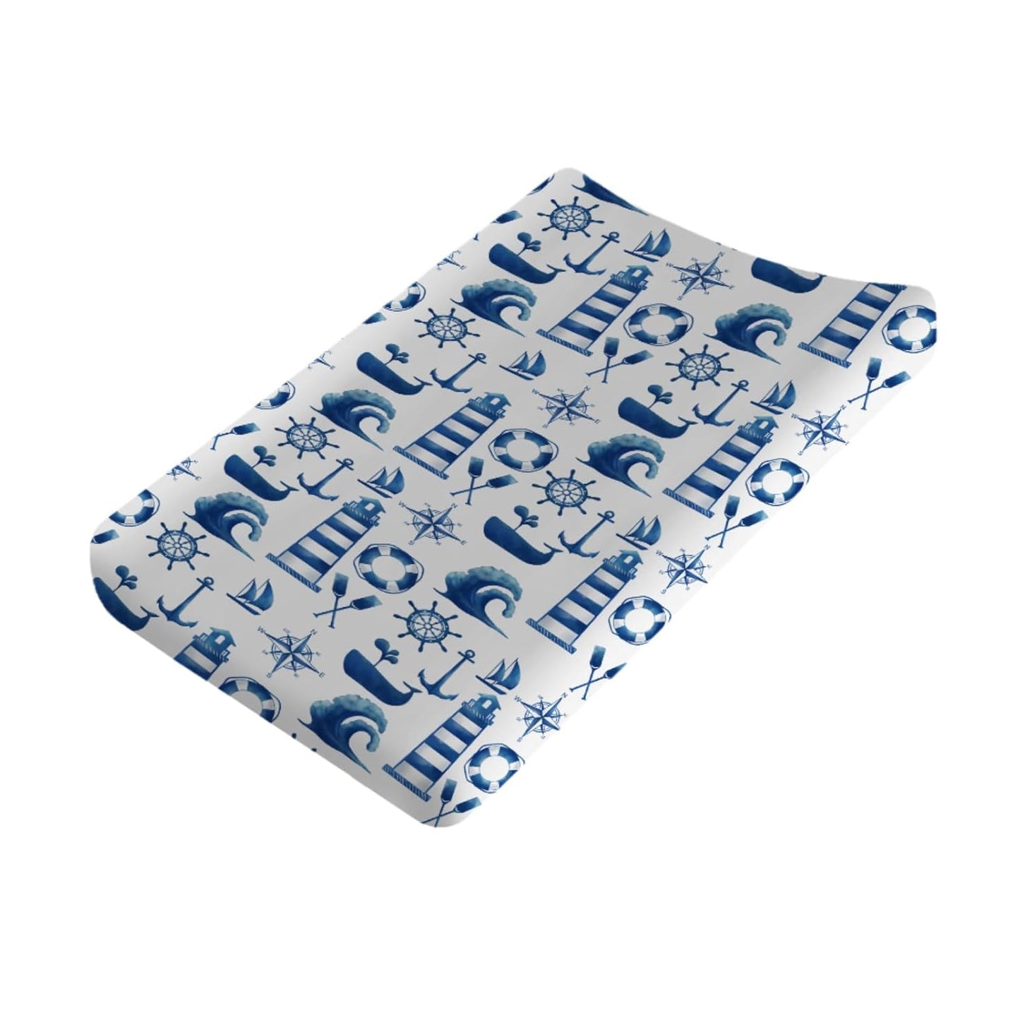 Nautical Life Changing Pad Cover Navy White Lighthouse Compass Anchor Whale Wave Diaper Change Table Cover for Baby Boys Girls Soft Stretch Changing Table Mats Sheets 32''x16''
