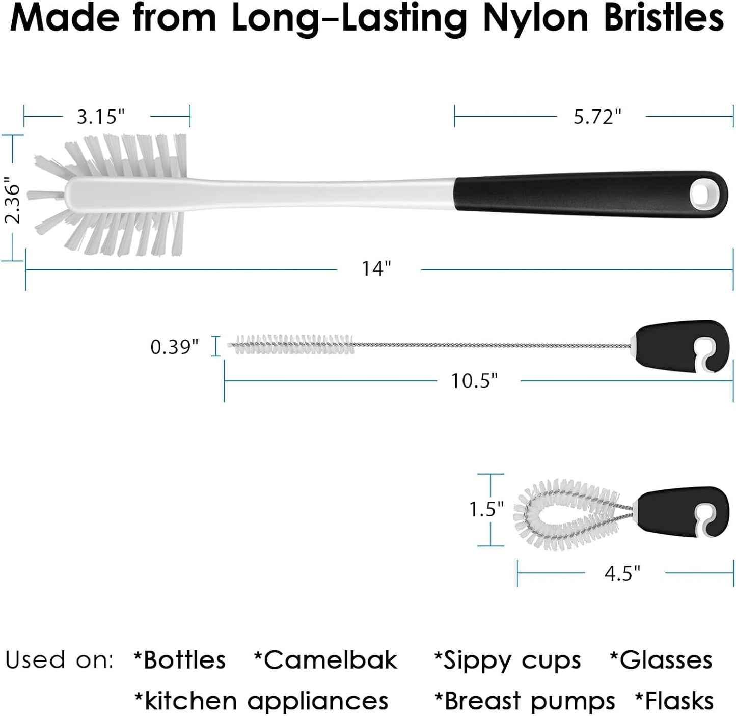 3-in-1 Water Bottle Cleaning Brush Set - Long Handle Scrubbing Brush for Tumbler, Straw, Baby Bottles, Drinking Glasses, White