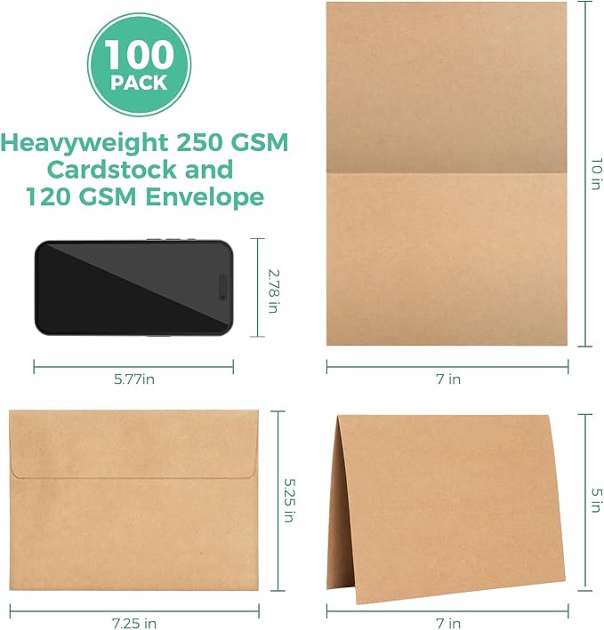 Ohuhu A7 Blank Brown Kraft Cards and Self-Seal Envelopes 100 Pack | 5" x 7"