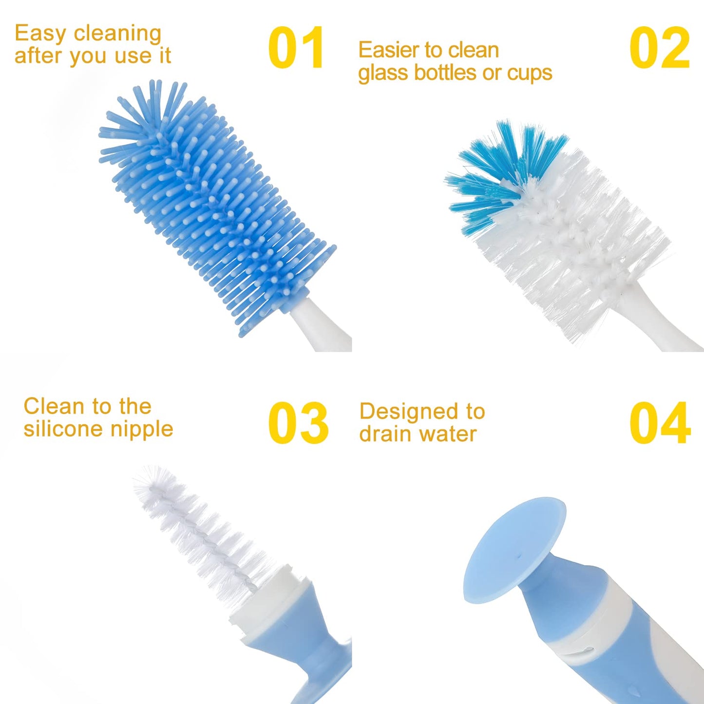 Chemimoso Multifunctional Cleaning Brush, Baby Bottle Brush, Water Bottle Brush Cleaner, Cup Brush, Rotate The Suction Cup to Obtain The Small Bristle Brushes Hidden in Handles, Set A, Grey