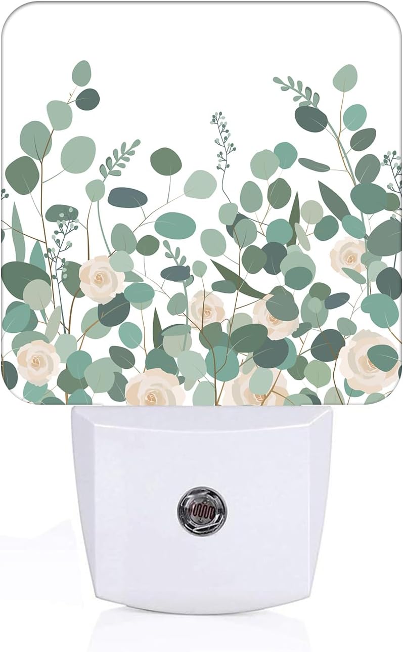 Eucalyptus Branches and Roses Night Light,Plug-in Nightlights Auto Sensor Night Lamp Dusk to Dawn Lamp Home Decor for Nursery Children Girls Boys