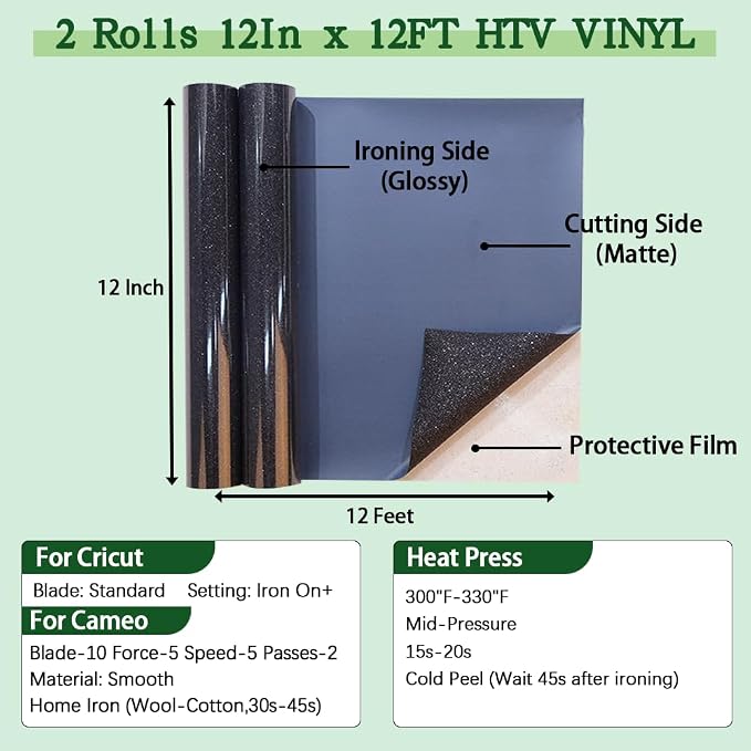 guangyintong Glitter Black Heat Transfer Vinyl HTV Rolls, 2 Rolls 12" x 12ft