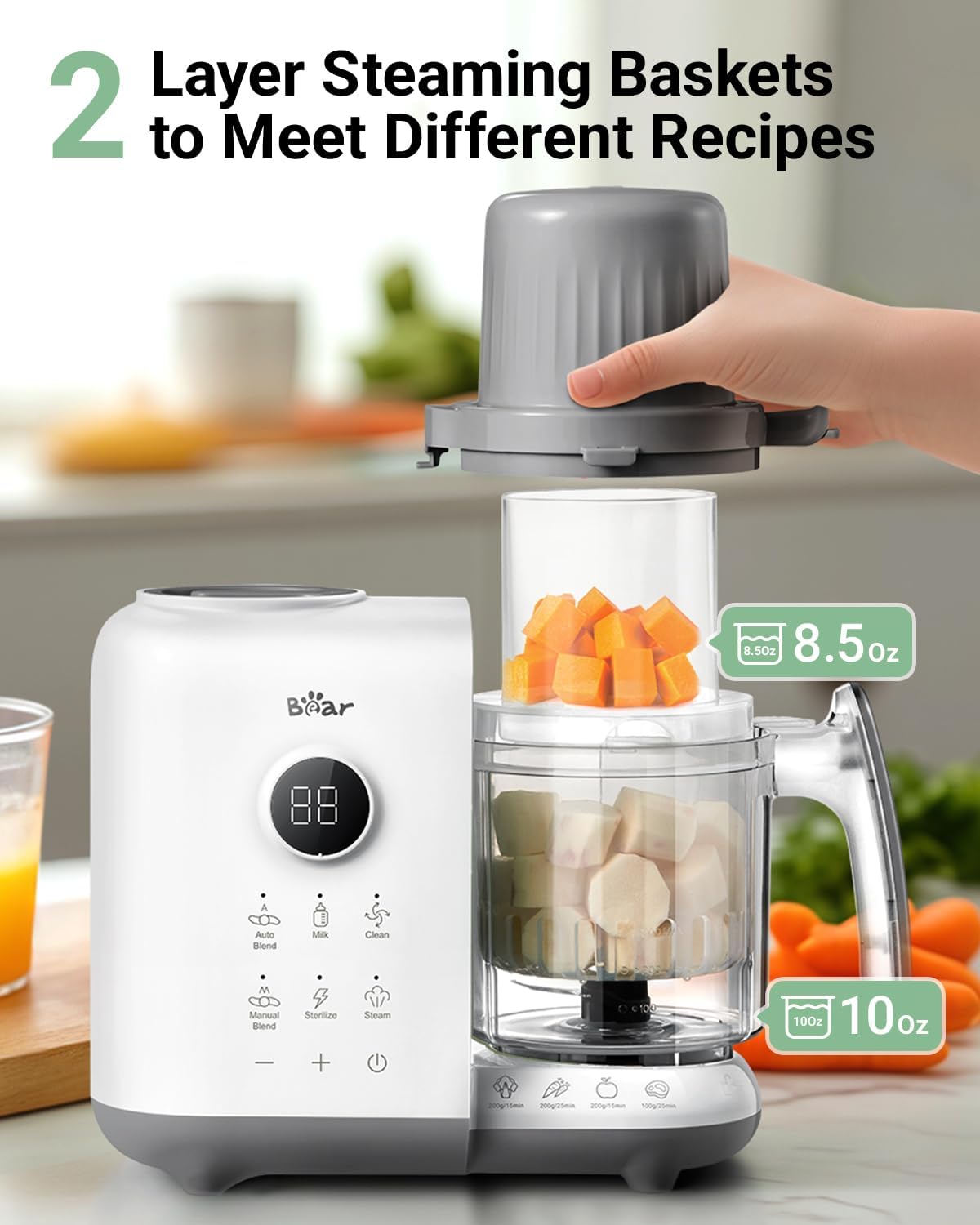 Bear Baby Food Maker with Two Layer Steam Baskets, One Step Baby Food Processor Steamer Puree Blender, Baby Food Mill with Bottle Warming Sterili-zing Auto Cleaning Function, BPA-Free, White
