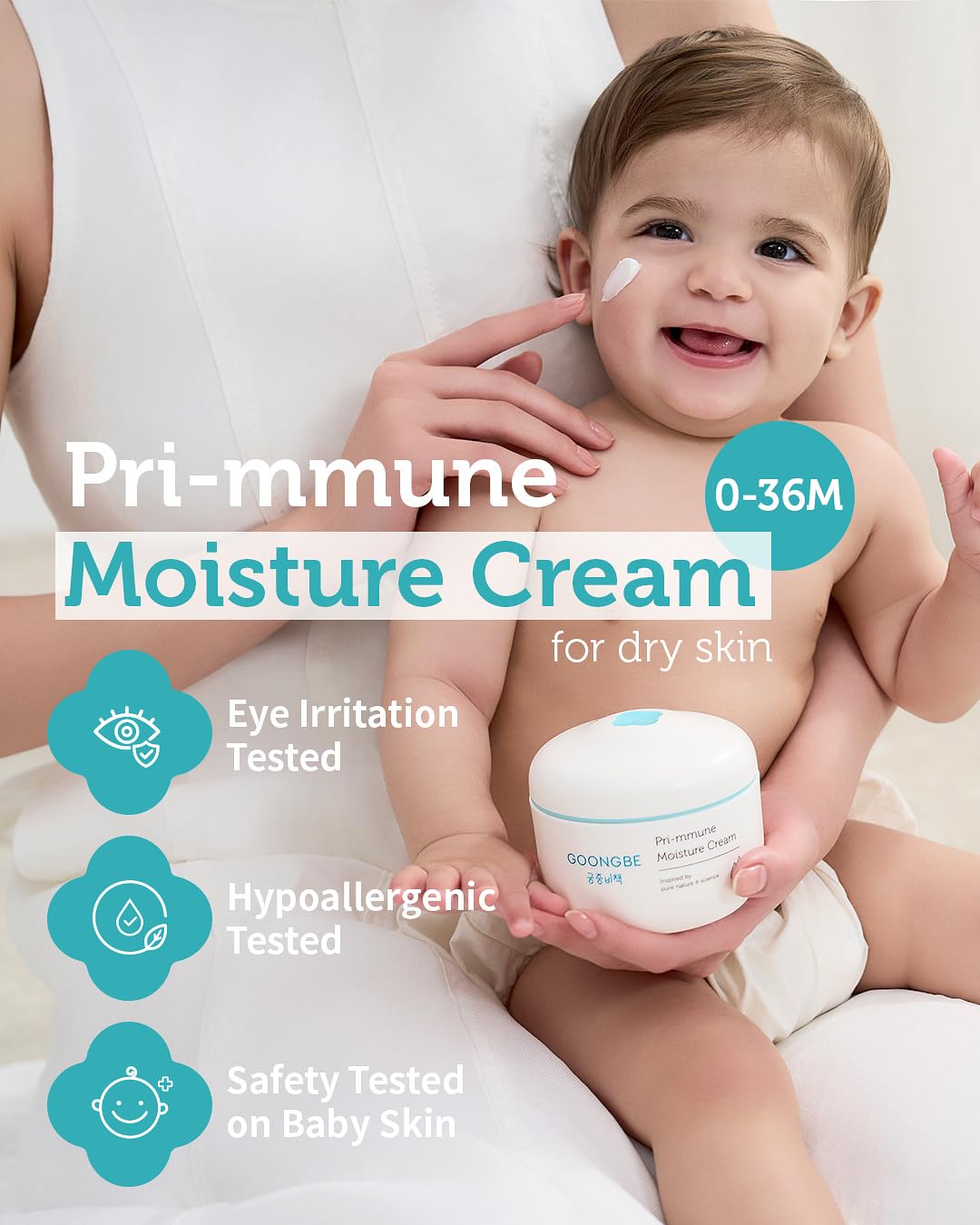 GOONGBE Pri-mmune Moisture Cream - Korean Baby Body Cream with Shea Butter - Hypoallergenic Gentle Daily Moisturizer for Dry Skin - Fast Absorbing, Naturally Derived Non-Sticky Cream, 6.1oz.