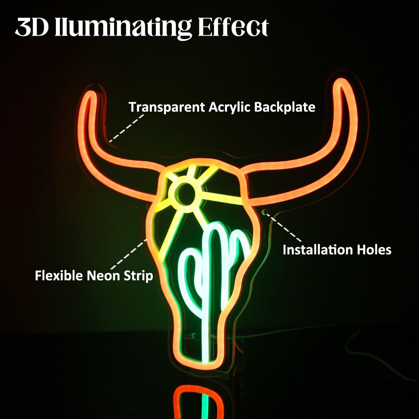 Bull Cactus Sun Neon Sign Texas Longhorn Bull Neon Lights for Bedroom Western Landscape LED Sign Cow Head Neon Lights Signs Orange Cowboy Light Up Signs for Wall Bar Man Cave Game Room Decor