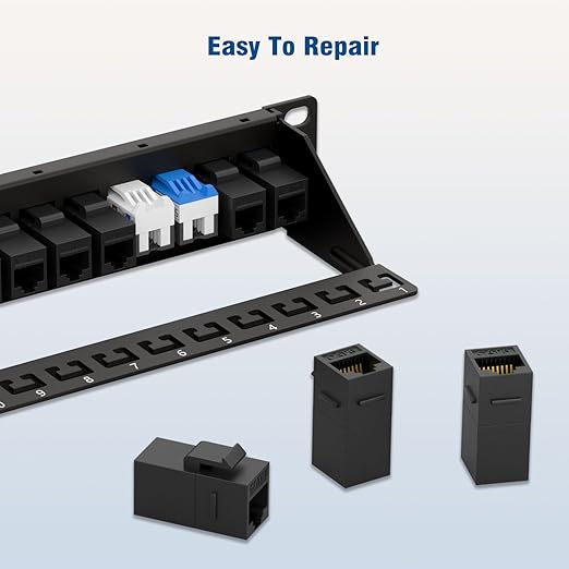 FGB 10Gbps Patch Panel 24 Port, Cat6 Keystone Patch Panel, 19" Rackmount or Wall Mount, 1U with Back Bar, Network Patch Panel for Gigabit Ethernet