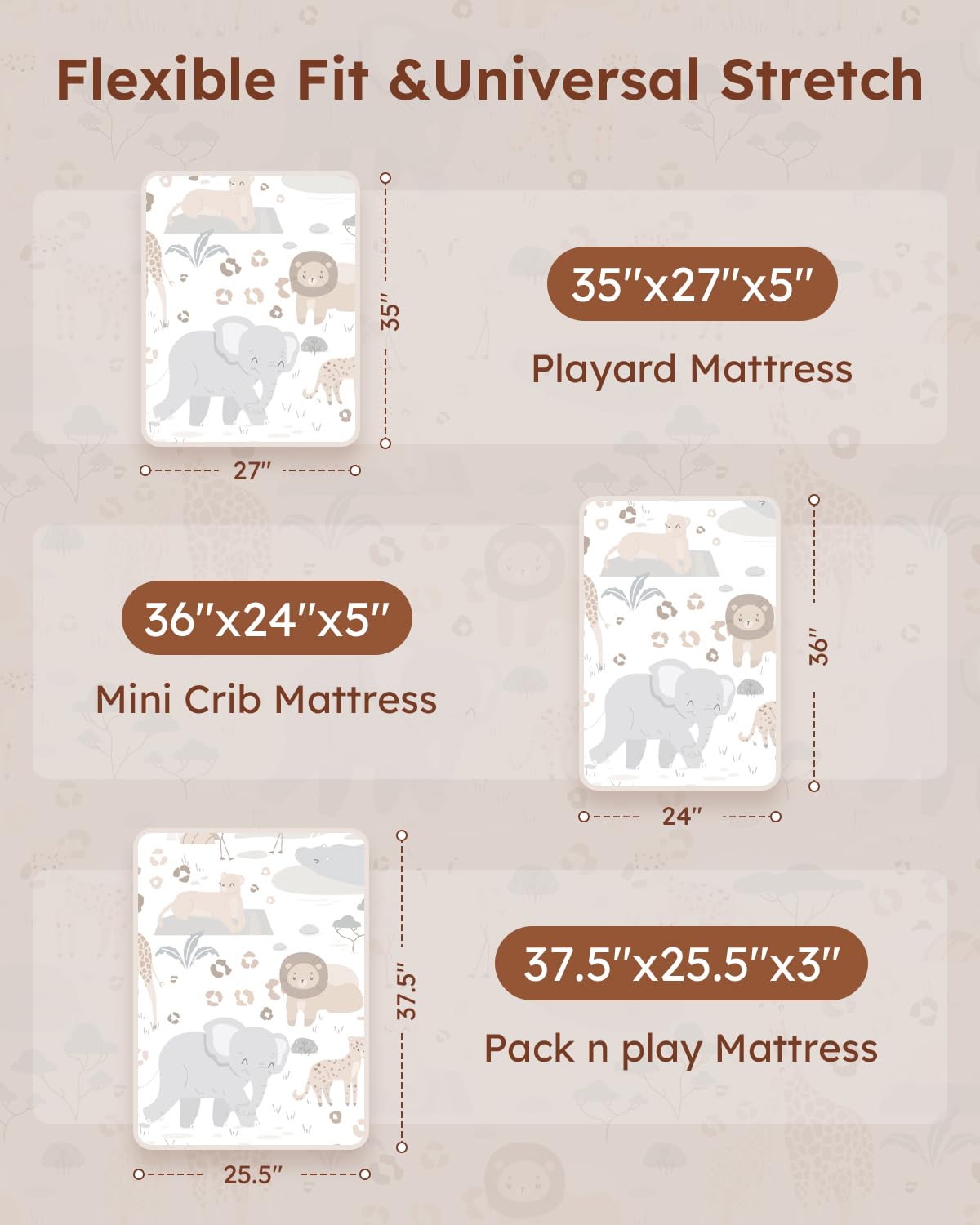 Pack and Play Sheets Fitted 3 Pack, Mini Crib Sheets for Pack N Play Mattress Stretchy Portable Playard Sheets, Soft Breathable Elephant