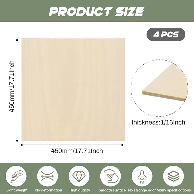 4 Pack Plywood Sheets, 17.1" x 17.1"x 1/16" Basswood Sheets | 1.5mm Basswood