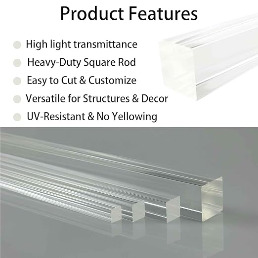 8Pcs Clear Acrylic Square Rods, 12mm x 300mm Thick Transparent Plastic Dowel