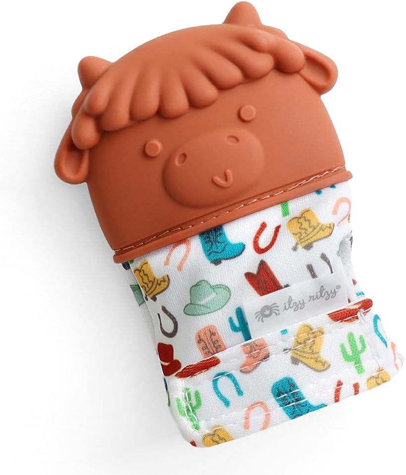 Itzy Ritzy Silicone Teething Mitt - Soothing Infant Teething Mitten with Adjustable Strap, Crinkle Sound & Textured Silicone to Soothe Sore & Swollen Gums - for Ages 3 Months & Up (Cow)