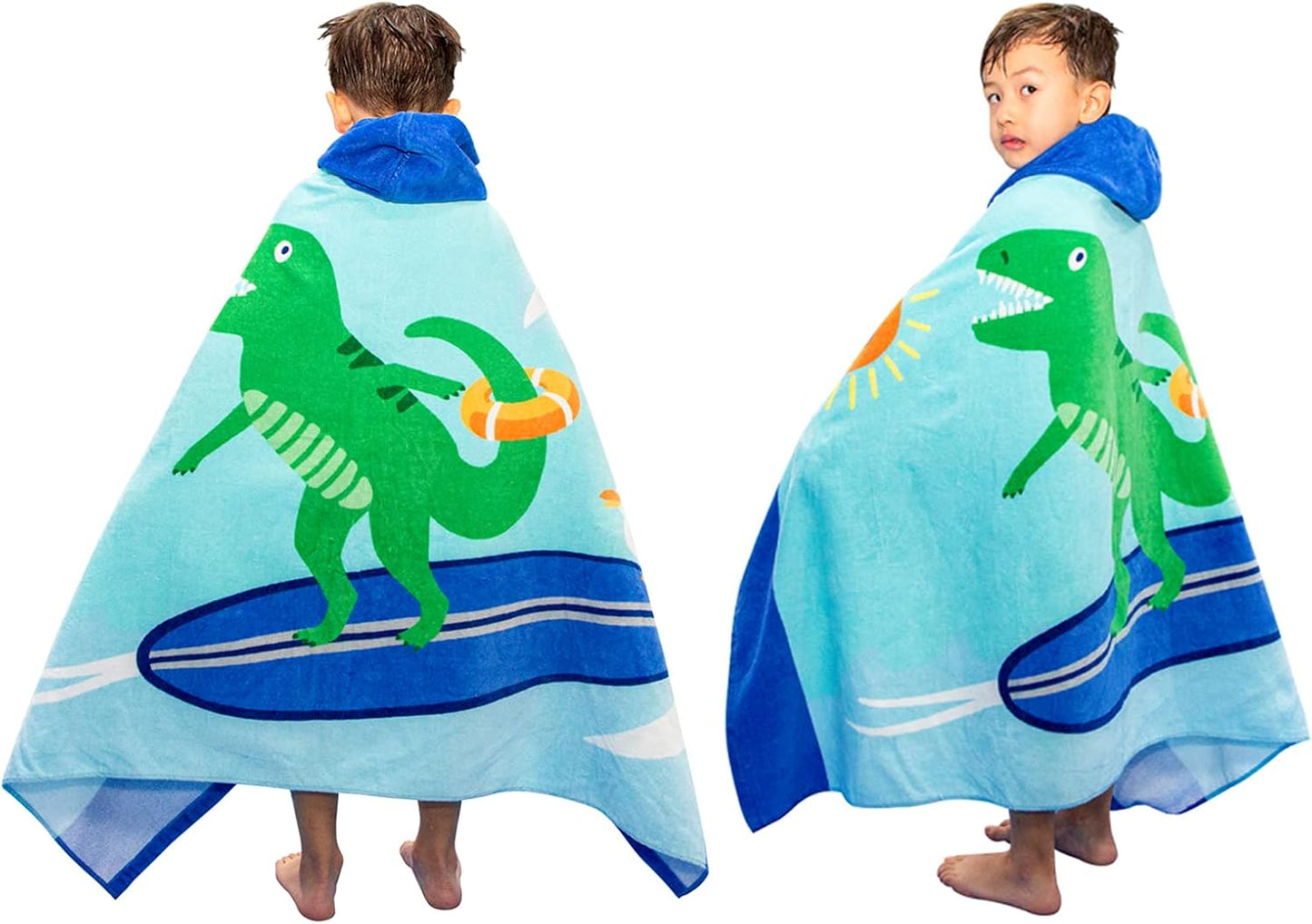 BANGSAUR Kids Hooded Beach Bath Towels, 100% Cotton 50"x30" Wrap Towel, Toddlers Boys 3-12 Years Coverup Towel Surfing T-rex