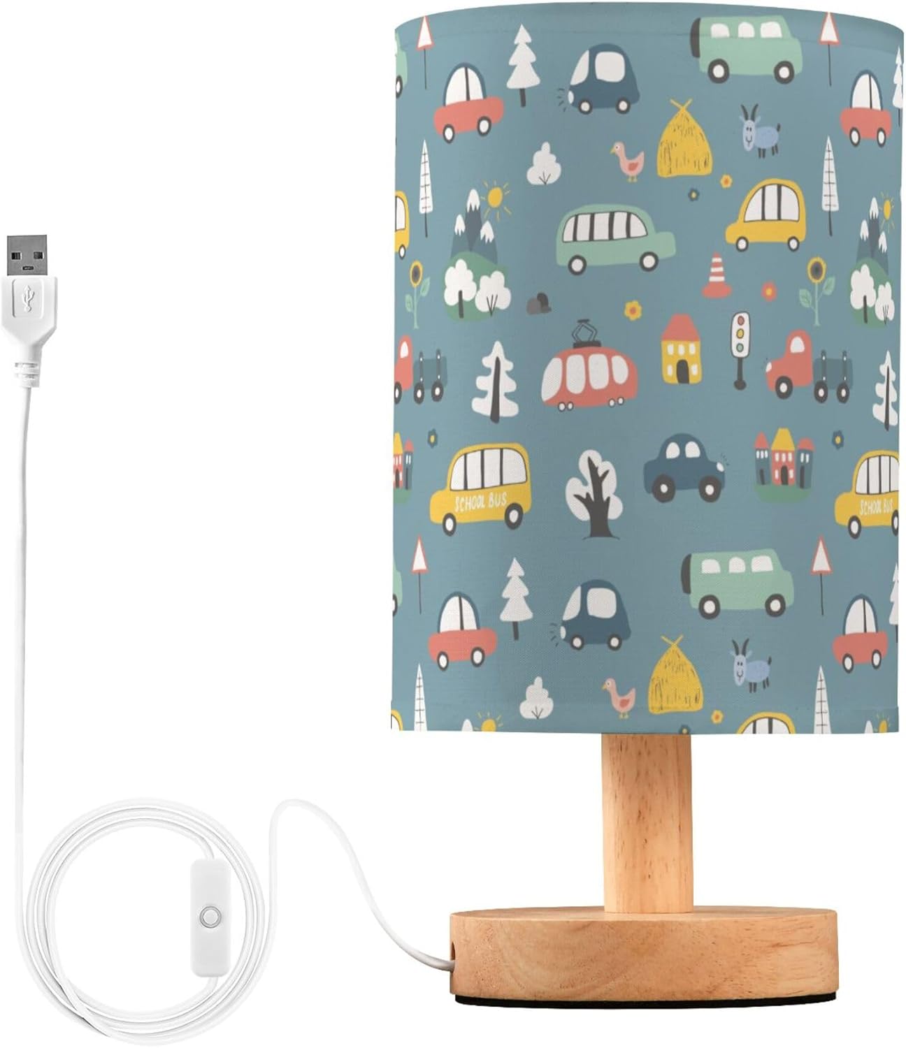Table Lamp Cute Cars Pattern Cartoon Transportation Doodle Nightstand Lamp with Wood Base Fabric Lamp Shade Bedside Desk Lamp for Living Room Bedroom Kids Room Office