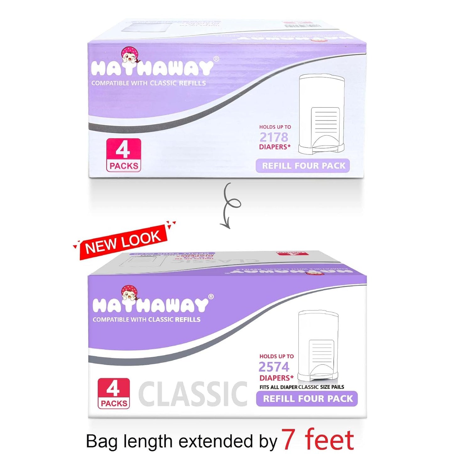 Diaper Pail Refill Bags Compatible with Dekor Classic Diaper Pail, Extra 30% Length, Hold up to 2574 Diapers, Lavender Scent, 4 Pack