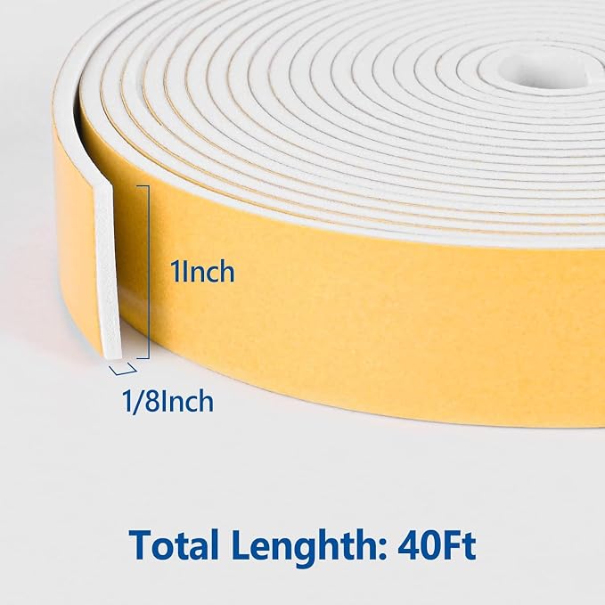 Kikerike Self Adhesive Foam Tape Weatherstrip 1in x 1/8in x 40Ft High Density