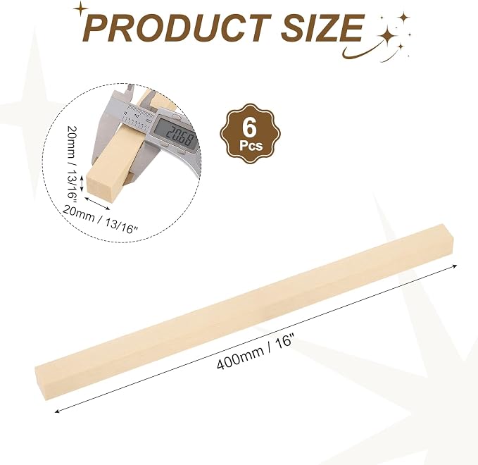MECCANIXITY 6Pcs Basswood Sticks, 13/16" x 13/16" x 16" Square Wooden Dowel