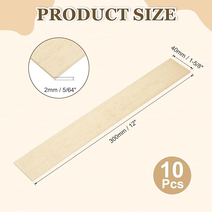 MECCANIXITY 10Pcs Wood Strips Slats, 5/64" x 1‑5/8" x 12" Thin Wood Sticks Flat