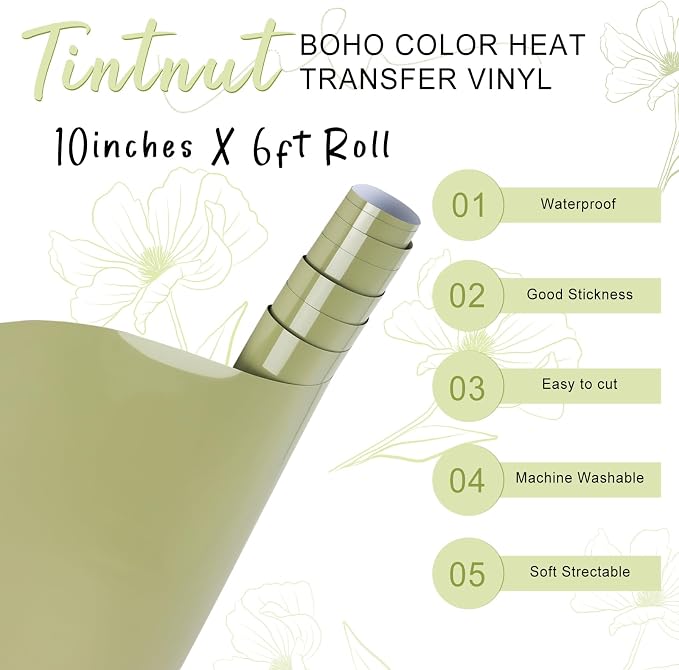 Tintnut Pear Green Heat Transfer Vinyl, 10inx6ft Iron on Vinyl | Neutral boho