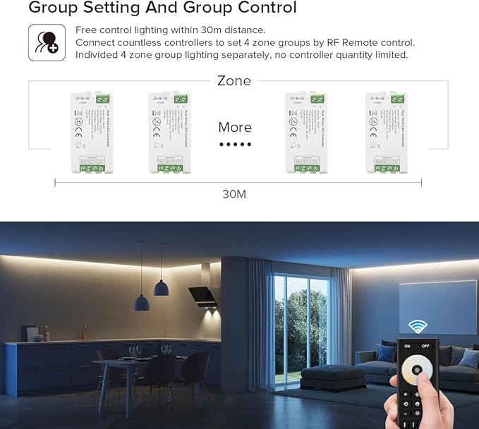 BTF-LIGHTING RF 2.4GHz Wireless Remote RC02RFB &3PCS C02RF Tuya Controller Kit 4 Zone Group Control PWM CCT(+ CW WW) 3pin 5050SMD FCOB COB Dual White LED Strip DC5V DC12V DC24V