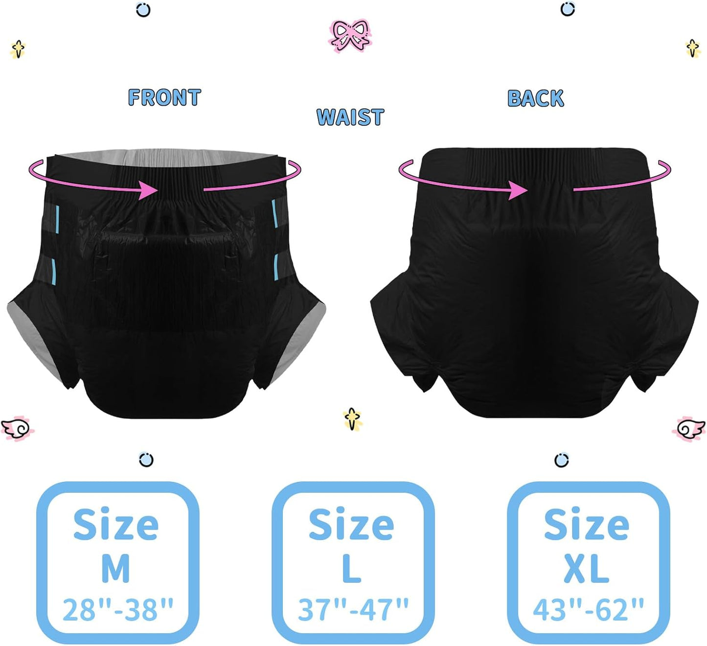CutiePlusU Disposable Adult Diaper Heavy Absorption Dry Surface Adult Diapers All Night- Black 10 Pieces(Medium 28"-38")