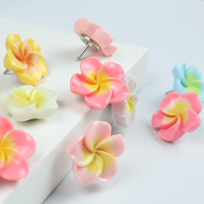 30pcs Flower Cabochons Flatback Plumeria Flower Push Pins in 7 Colors Cute