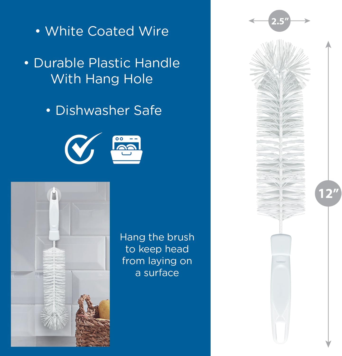 LOLA Bottle Brush Cleaner, 2 Pack, Durable Fiber Bristles Around Twisted Wire with Gripper Handle & Storage Hang Hole, Dishwasher Safe