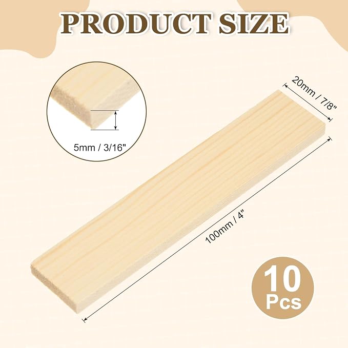 MECCANIXITY 10Pcs Wood Strips Slats, 3/16" x 7/8" x 4" Thin Wood Sticks Flat