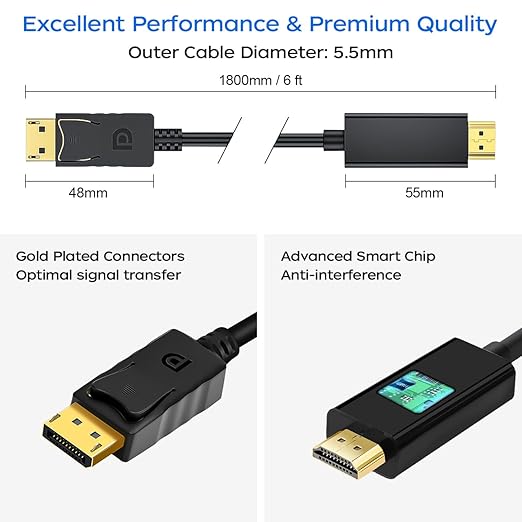 4K Displayport to HDMI Cable 6 Feet 2-Pack, Display Port (DP) to HDMI Adapter Male to Male Cord Converter for PC to HDTV, Monitor, Projector
