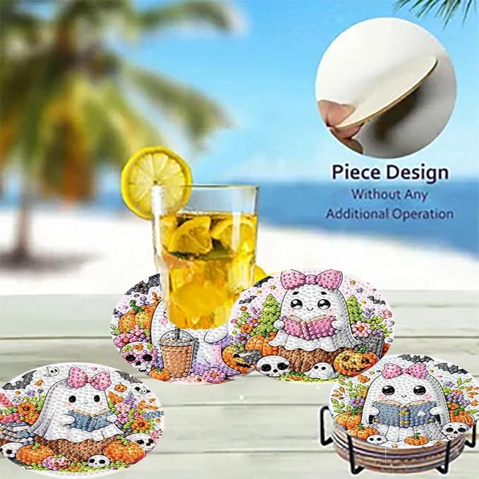 8 Pack Diamond Art Coasters, Halloween Ghost Diamond Painting Coasters Kits |