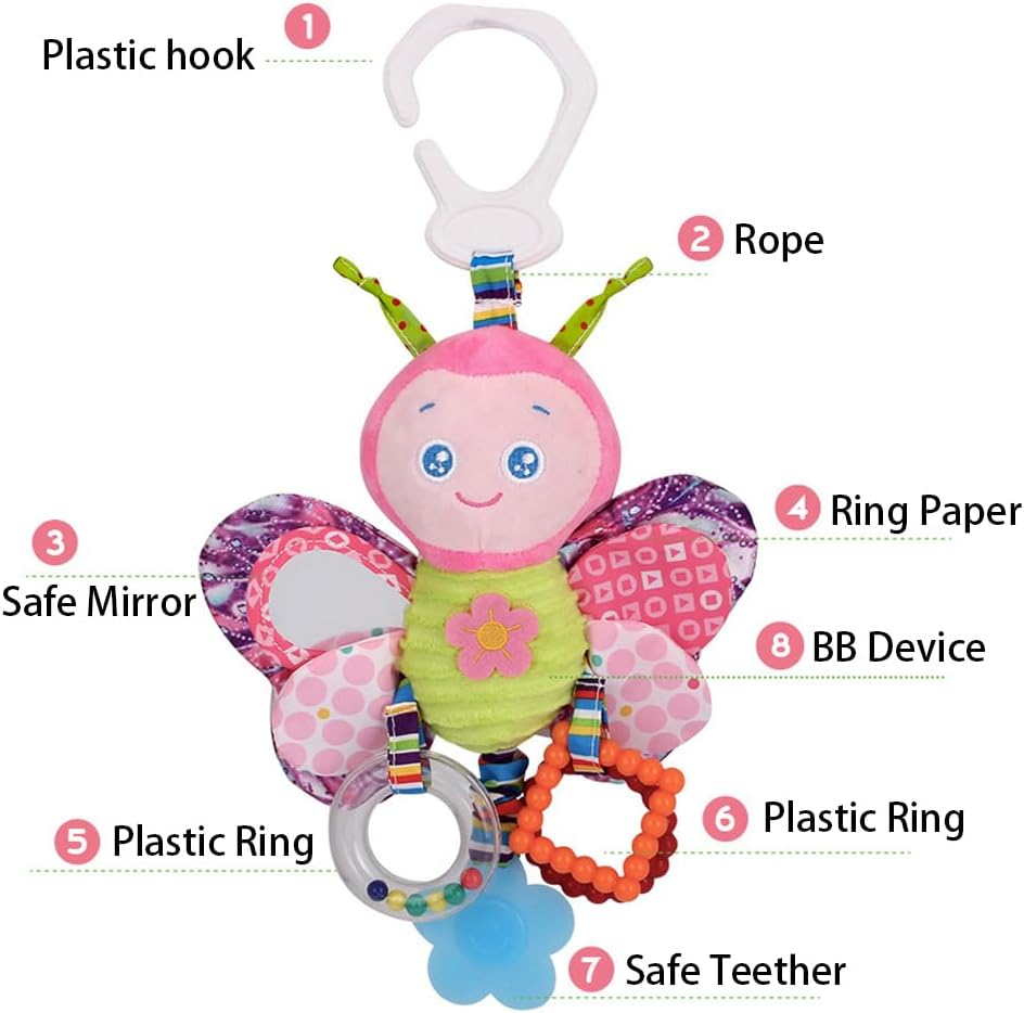 D-KINGCHY Baby Car Seat Stroller Plush Hanging Rattle Toys Newborn Crib Bed Around Toy with Teether Rattle Sound for 0-3 Years Old (Butterfly)