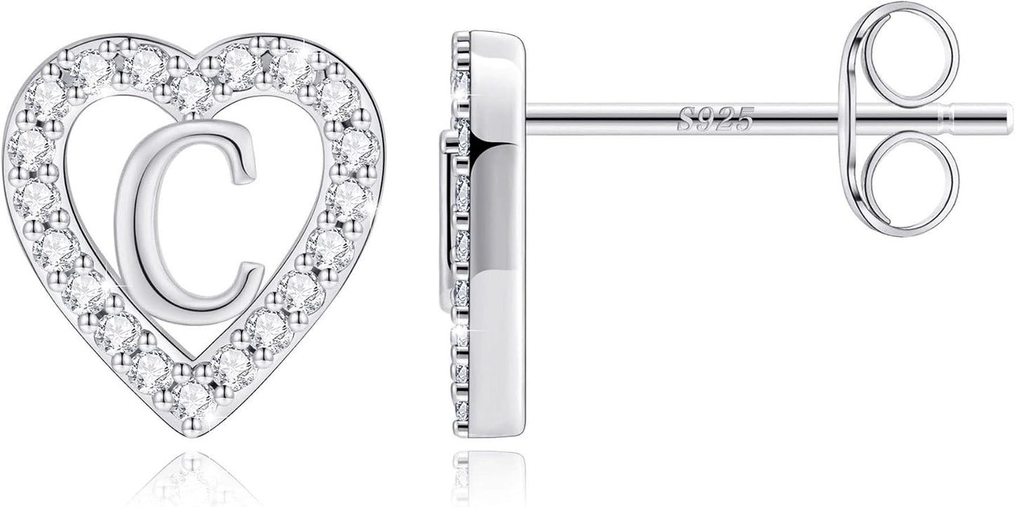 Anoup Christmas Gifts for Grandkids Girls Earrings - S925 Sterling Silver Post CZ Hypoallergenic Stud Heart Initial Earrings for Women Kids Jewelry Stocking Stuffers for Teen Girls Birthday Gifts