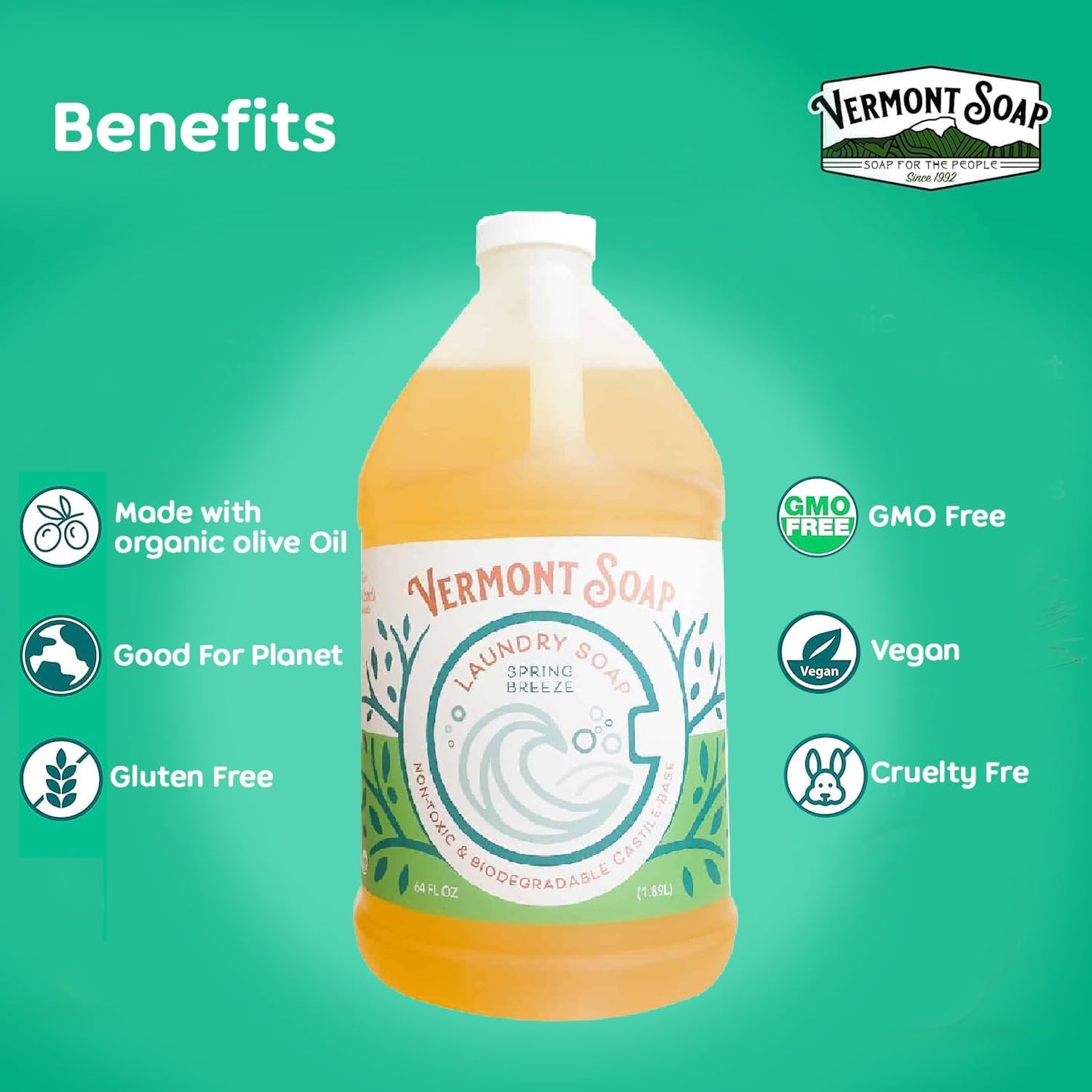 Vermont Soap Laundry Detergent, Laundry Soap, Natural Laundry Detergent Liquid, Baby Detergent, washing — Spring Breeze, 64 Fl Oz