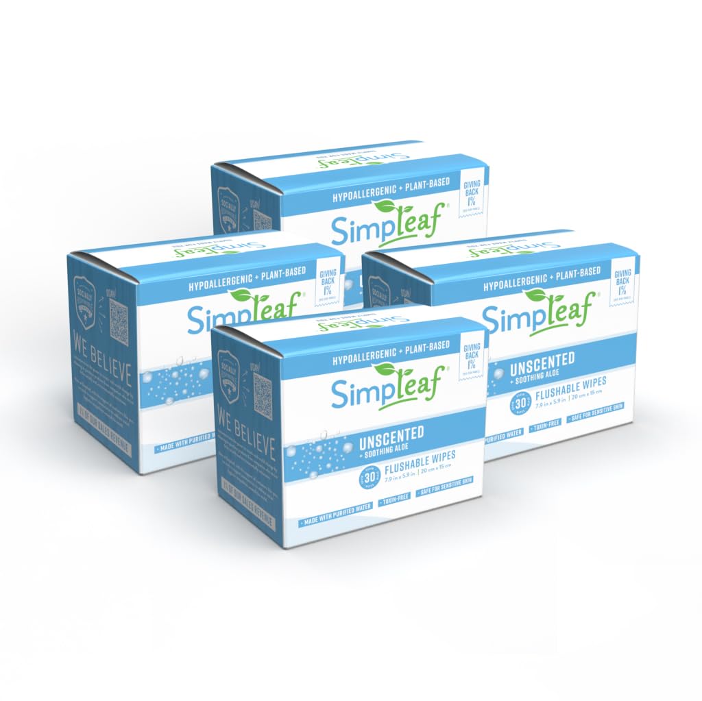 Simpleaf Flushable Unscented Single Pack Wet Wipes | Eco-Friendly Paraben & Alcohol Free | Hypoallergenic & Safe for Sensitive Skin | Soothing Aloe Vera Formula | (30 x 4 Single Pack Wipes)