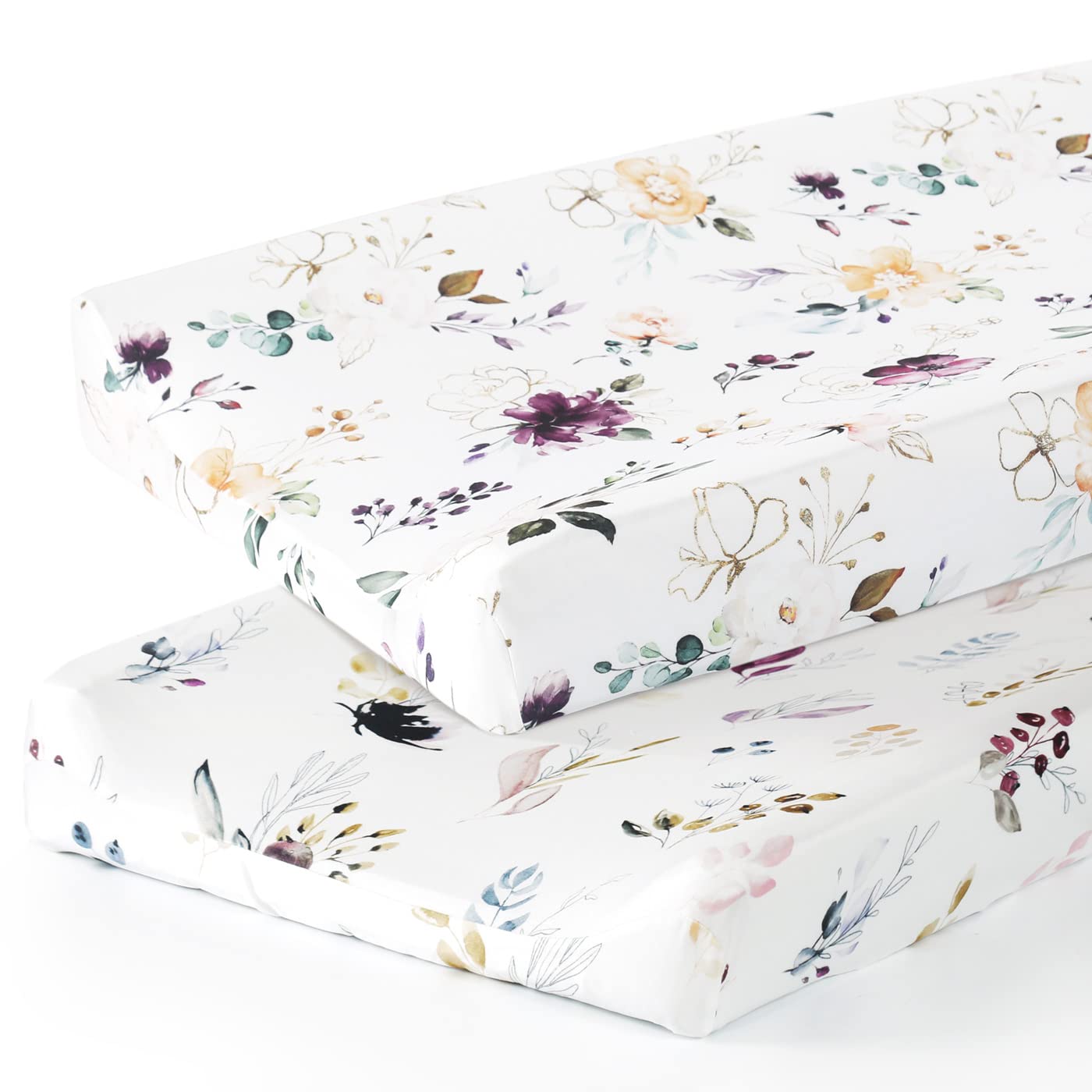 GRSSDER Stretch Ultra Soft Jersey Knit Changing Pad Cover Set 2 Pack,Change Table Pad Covers Fit 32"/34" x 16" Pads Safe and Snug,Watercolor Pretty Purple Flora for Girls