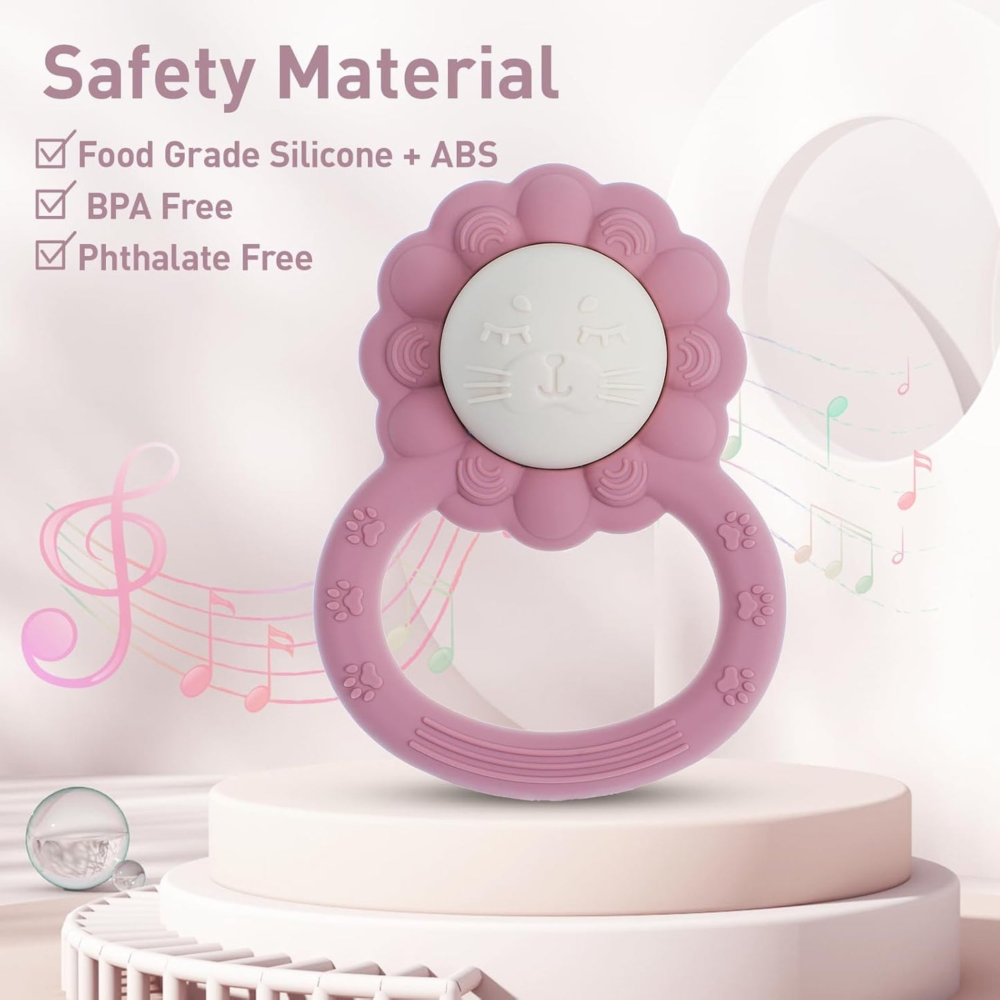 Rattle Teether, Lion Shape Montessori Baby Sensory Teething Toys, Food Grade Silicone BPA Free, Newborn Essentials Must Haves (Shifting Sand Powder Rose)